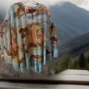 Original Anthony Serengeti Poncho Women's M Africa Cheetah Fringe Art Sheer Top